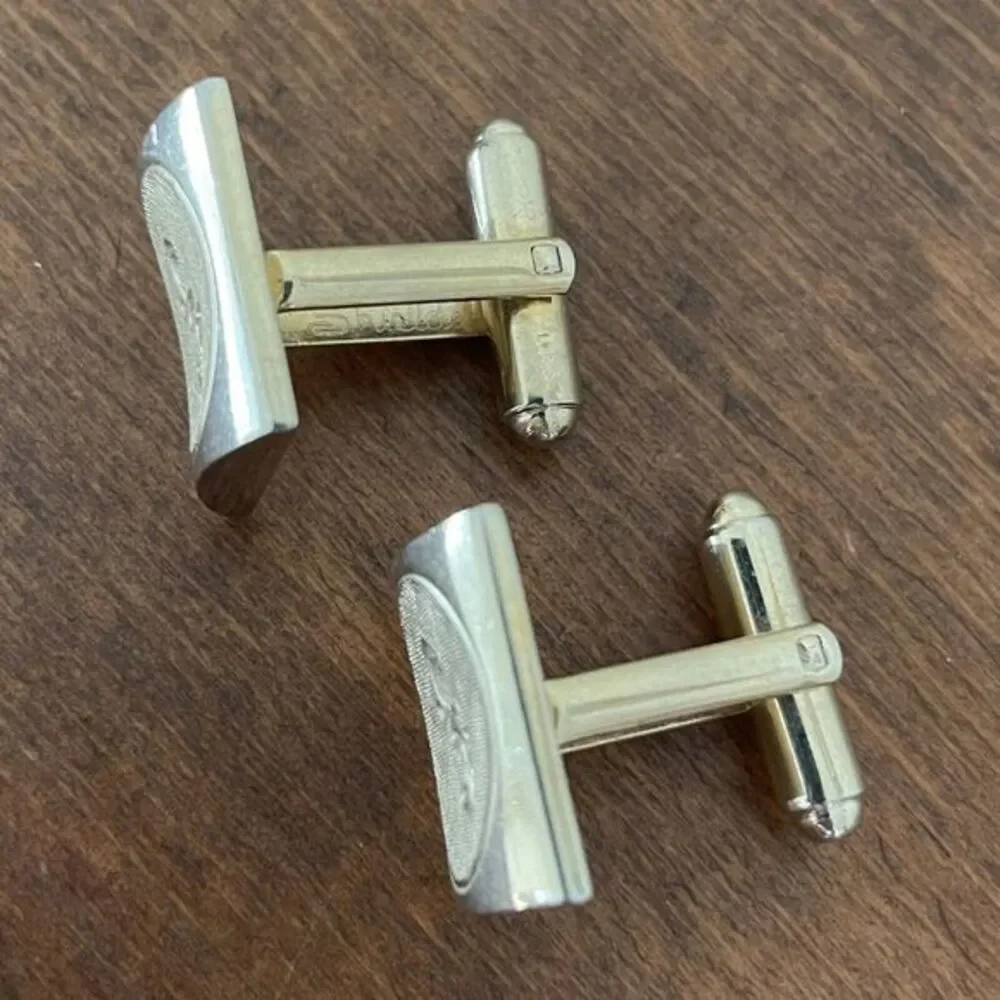 Vintage Gold Tone Etched‎ Curved Square Cufflink Set Rough And Smooth Surface